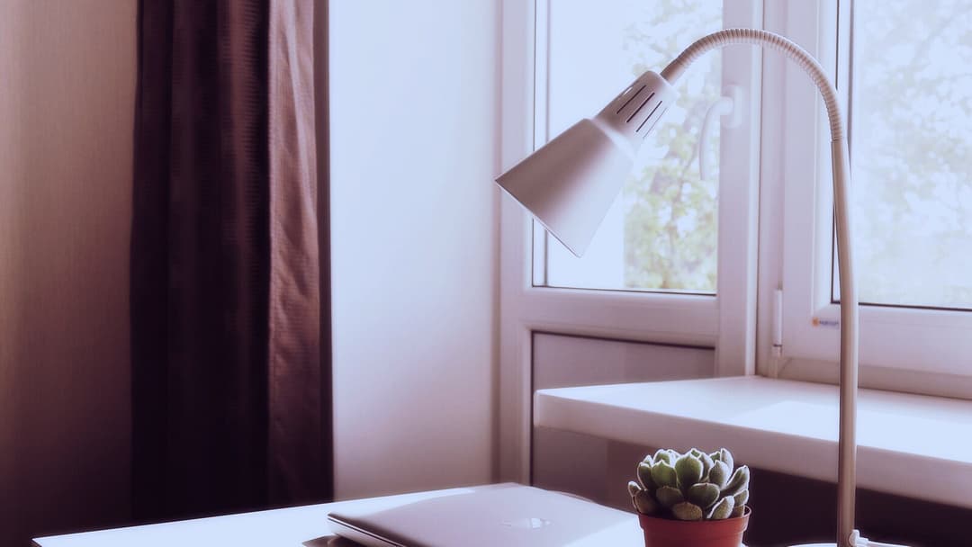 A white gooseneck desk lamp arches over a pale desk set against a bright window, with a small potted succulent on the desk and a dark curtain to one side.