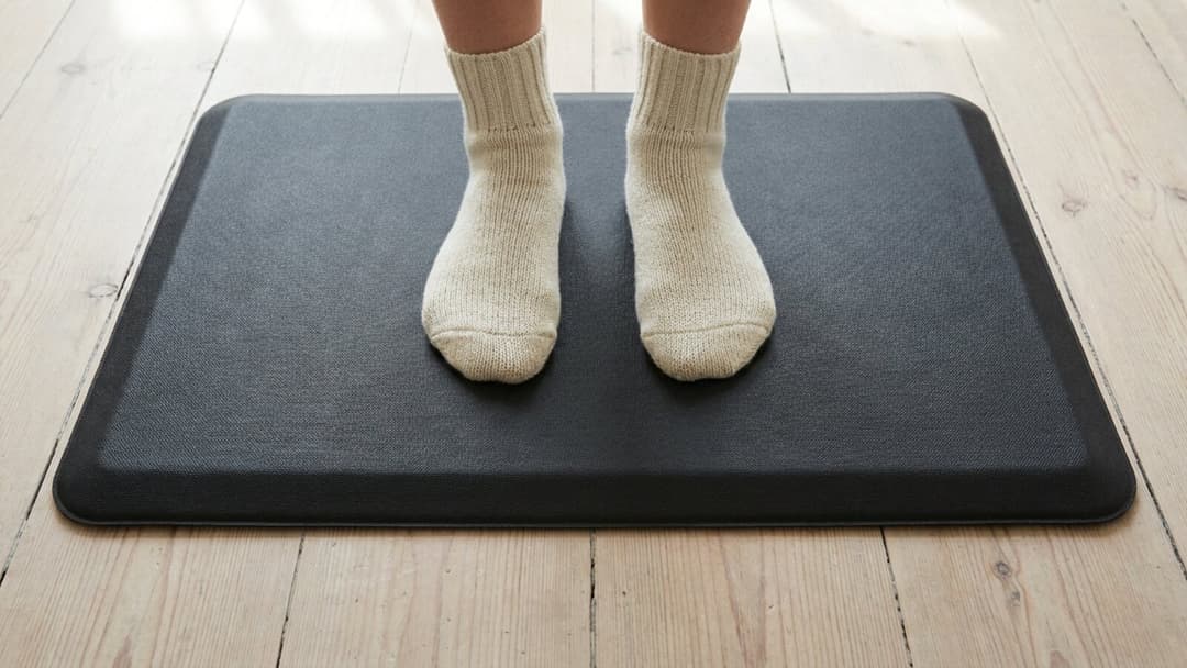 A person in cream socks standing on a charcoal cushioned mat with a bevelled edge, on pale wooden floorboards, seen from directly above.