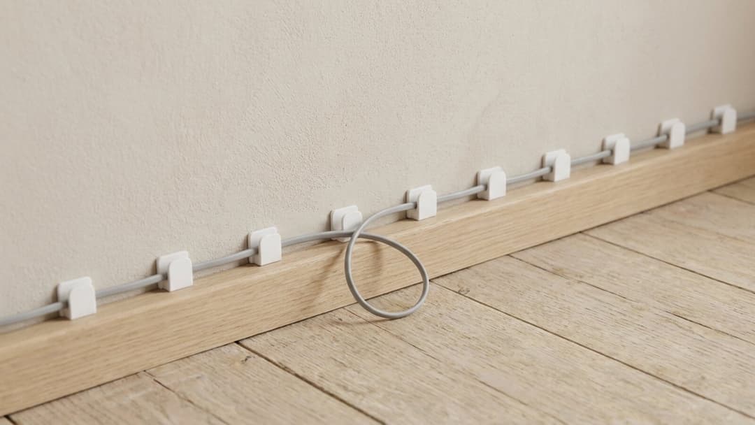 A grey cable run held by a row of white adhesive clips along a wooden skirting board, with one loop of slack cable resting on the floor.
