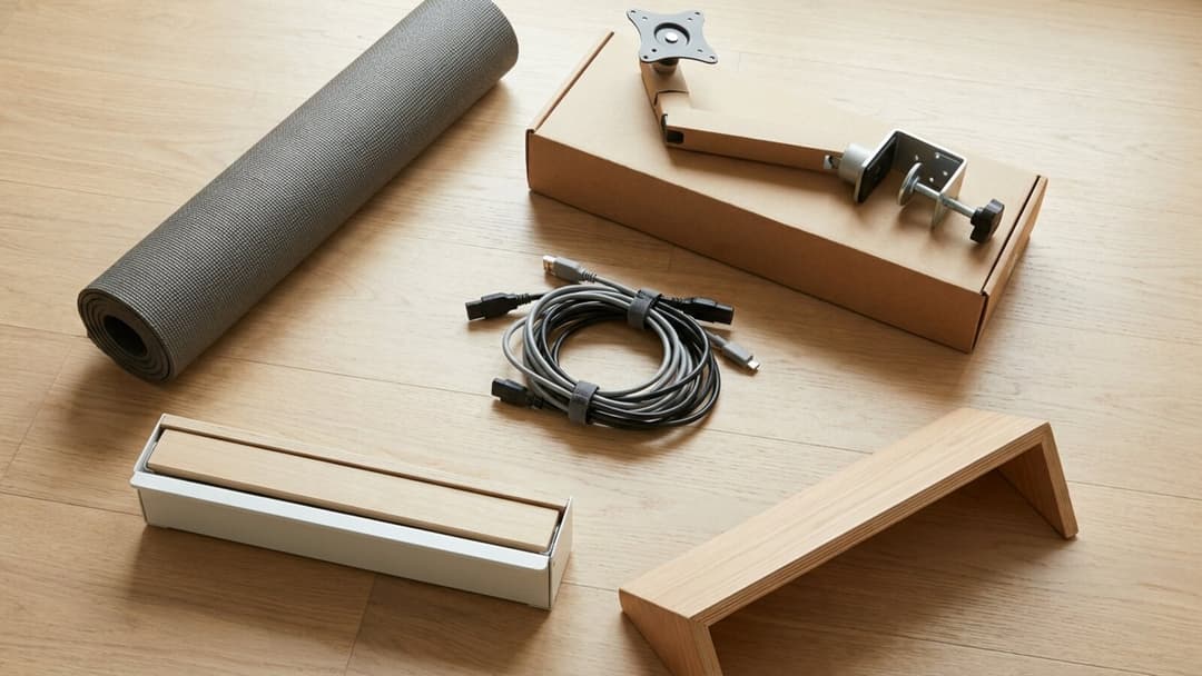 Five standing-desk add-ons laid out on a wooden floor: a rolled grey mat, a boxed monitor arm with its clamp, a coil of cables tied with velcro, a slim white drawer and a small wooden footrest.