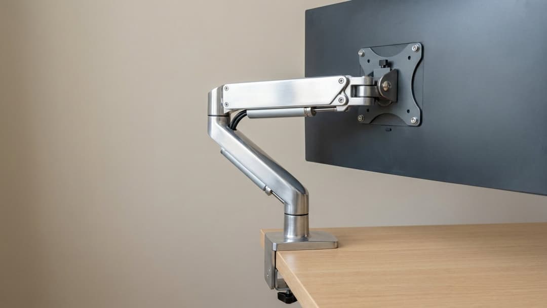 An aluminium gas-spring monitor arm clamped to the edge of a light-wood desk, its VESA plate bolted to the back of a dark monitor against a neutral wall.