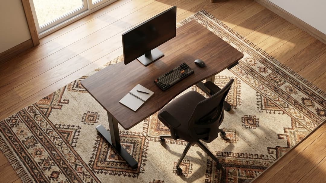A high overhead view of the whole desk on a patterned rug, its long walnut top on black T-legs carrying a monitor at the back edge with a keyboard, mouse and open notebook in front, a dark office chair tucked in and daylight falling across the wood floor.