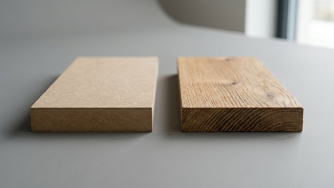 Two board samples side by side on a grey surface: on the left a pale, smooth-edged engineered fibreboard with a uniform pressed face and no grain direction, on the right a solid timber piece showing open natural grain on its face and curved end grain on the cut edge.