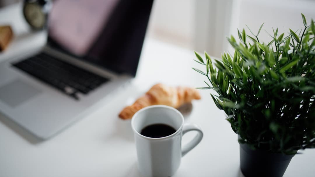 A laptop, a white mug of black coffee and a small potted plant on a bright white desk near a window.