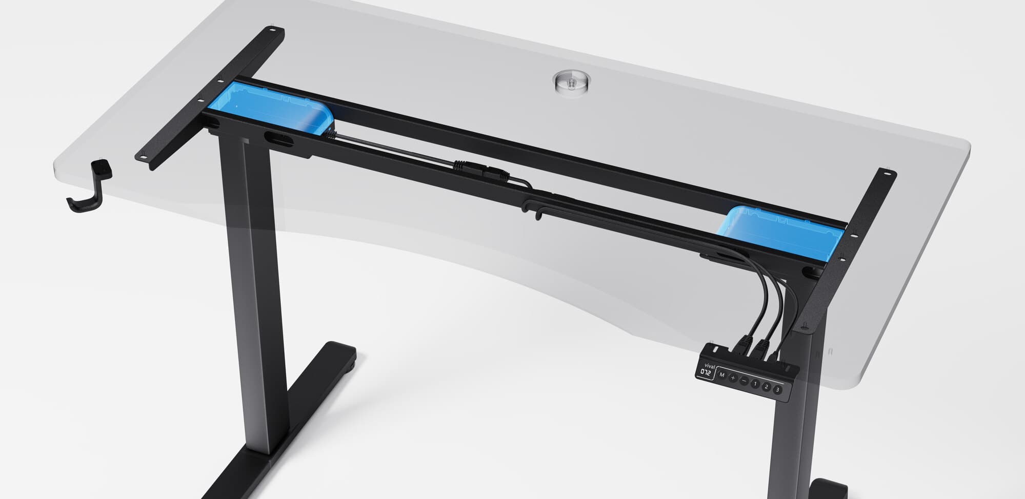 The Vival Desk dual-motor frame — two independent motors, one in each leg, with tidy cable management and the one-touch memory controller