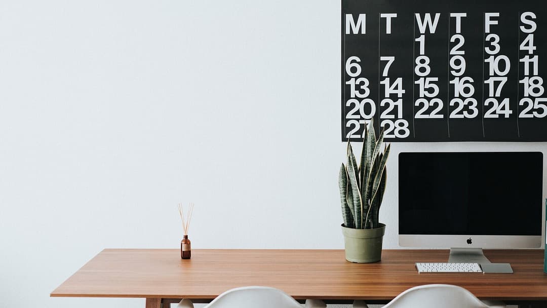 A tidy wooden desk against a white wall holding an all-in-one computer with its screen switched off, a tall snake plant in a grey pot and a small amber diffuser bottle, with a large black-and-white monthly wall calendar hung above and two pale moulded chairs in front.