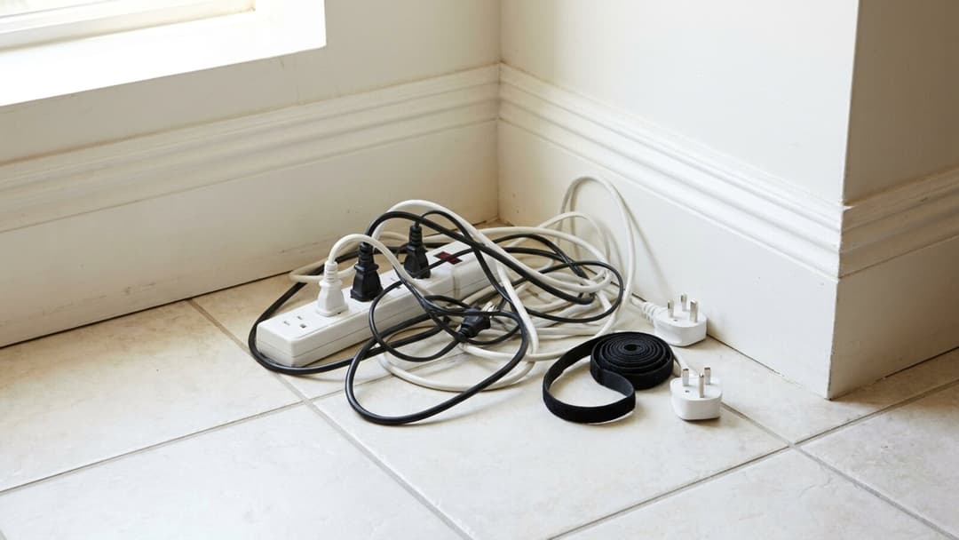 A white power extension strip and a tangle of black and white cables gathered on pale floor tiles in the inside corner of a room, with a roll of velcro ties and two loose plugs beside them.
