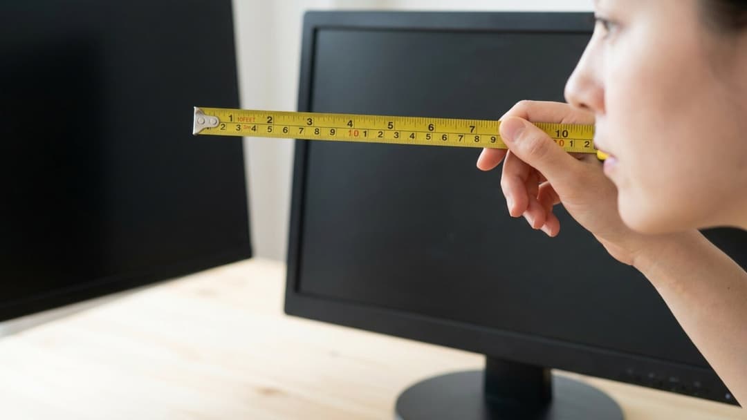 A person seen in profile holding a yellow steel tape measure stretched from near their face to the front of a switched-off computer monitor on a light wood surface, with a second dark monitor behind it.