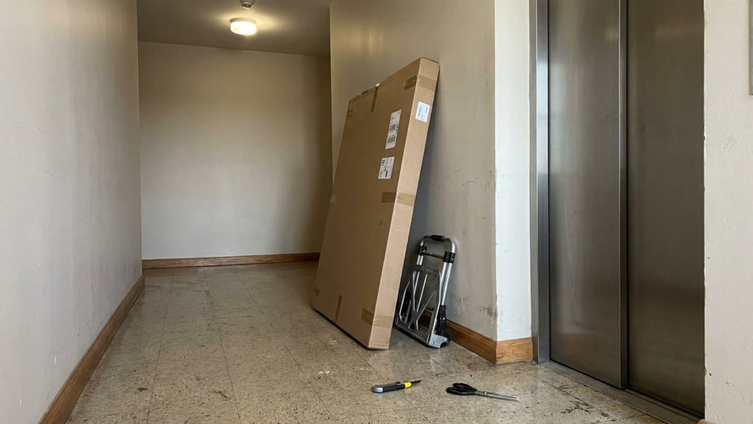 A tall flat-pack cardboard carton leaning against the wall next to a brushed-metal lift door in a narrow corridor, with a folded hand trolley beside it and a utility knife and scissors on the tiled floor.