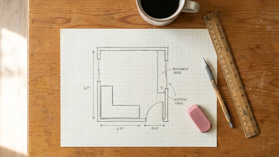 A hand-drawn floor plan on grid paper showing a small room with an L-shaped desk sketched into one corner, with dimension arrows and notes reading bookshelf and window view, beside a wooden ruler, a pencil and a coffee mug on a wooden table.