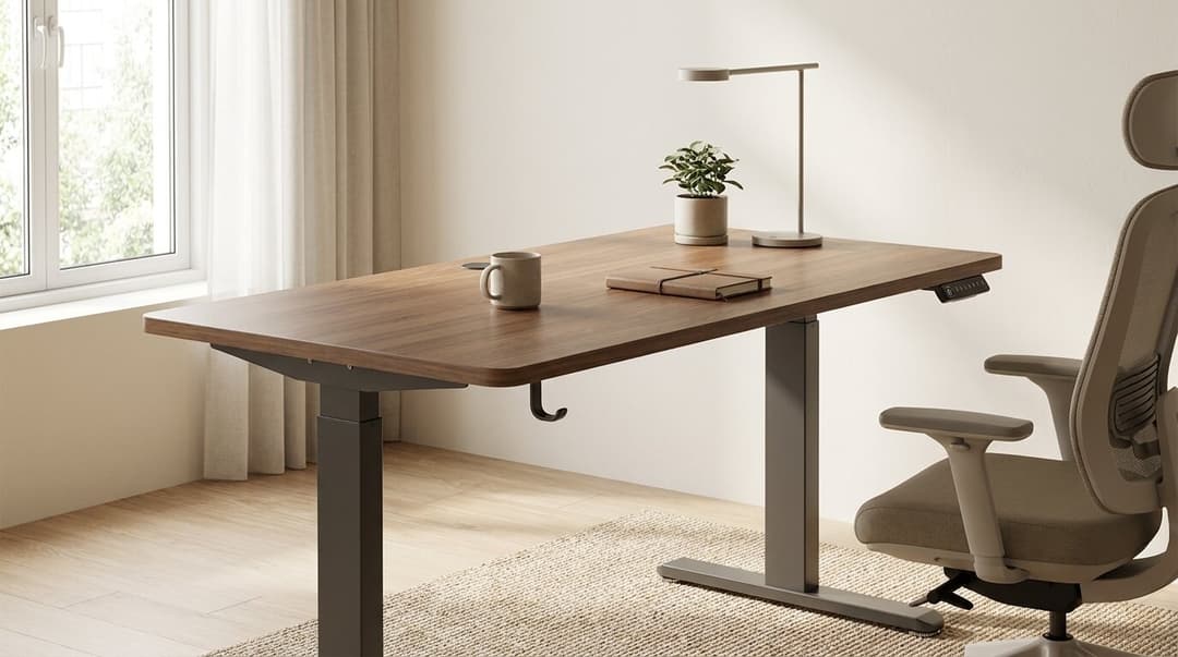 A walnut finish top on a grey steel frame, set to sitting height beside the window