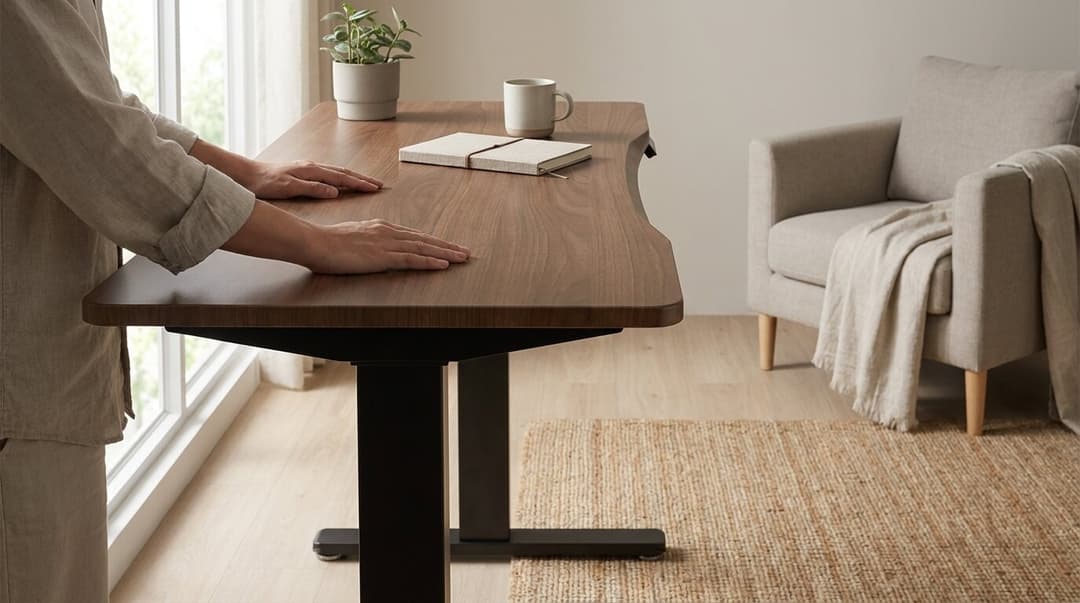 Both palms flat on the top. The wear layer is the part of a desk you actually touch