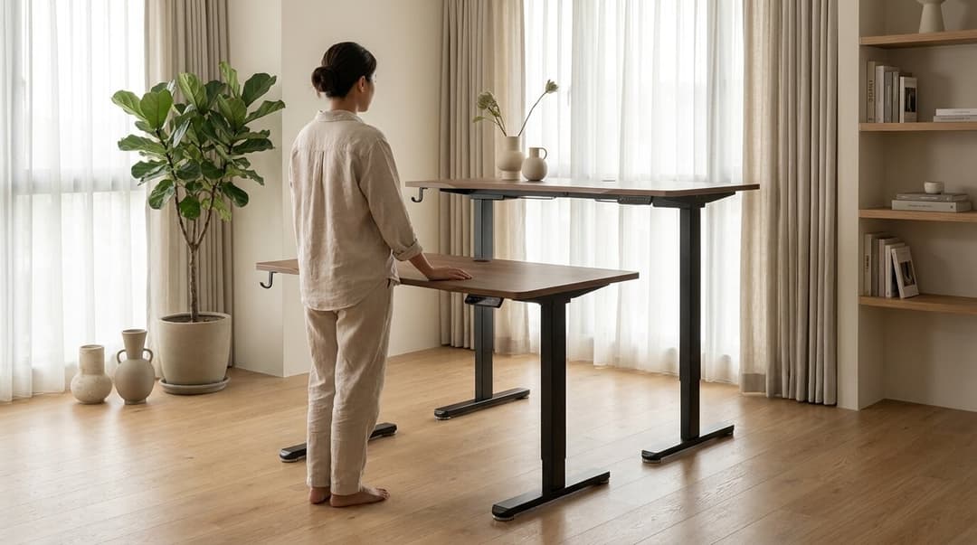 The same desk at two heights, so the travel of the frame is easy to see