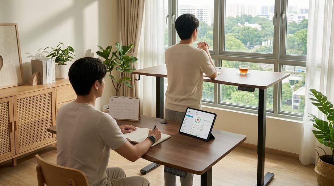 One seated and writing, one standing with a coffee. Both of those count