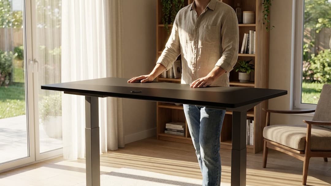 Both hands flat on the top at standing height, feeling for movement