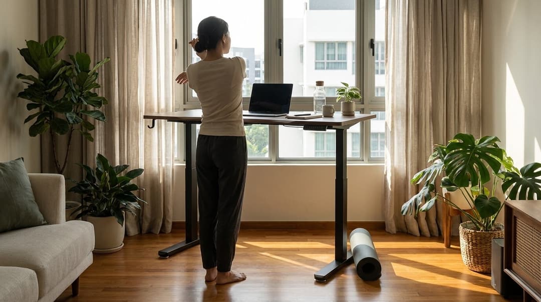 Stretching at the desk rather than leaving it, with a mat rolled up by the leg