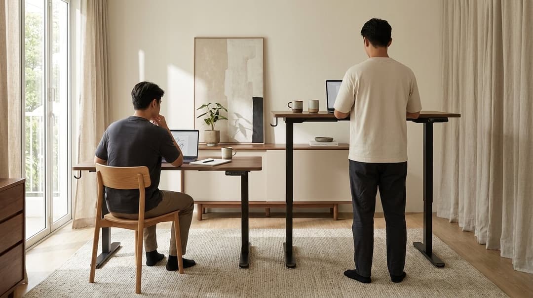 Two people, two heights, one room. The taller setup is the standing one