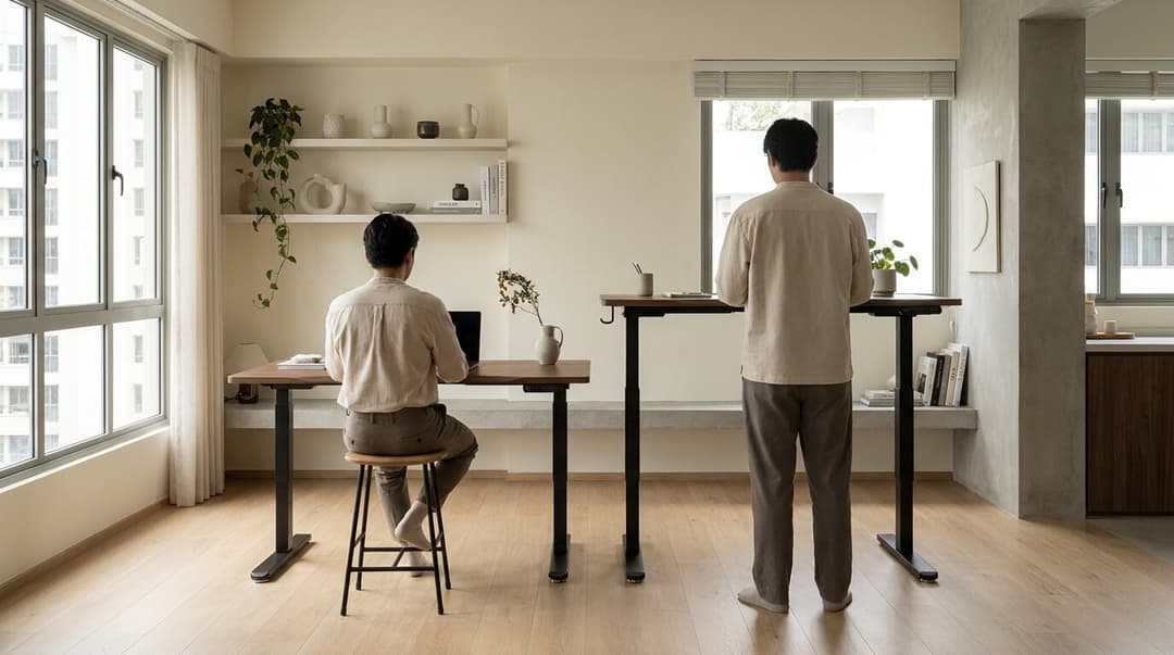 A stool at the low desk and nothing at the high one, along one wall of windows