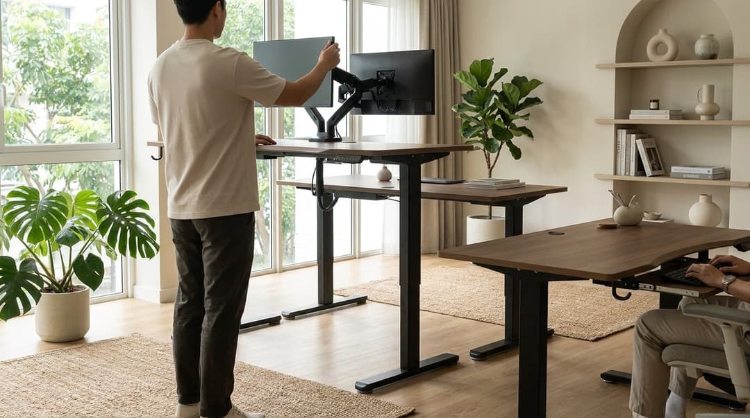 Setting the screen height first, with the desk already raised to standing