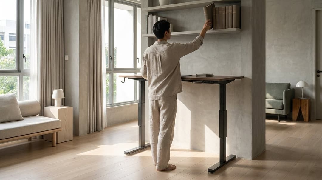 Reaching the shelf without stooping, beside a desk raised to about the same level