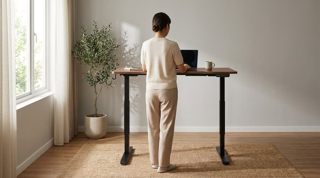 Nothing on the top but a laptop and a mug, at the height she set once