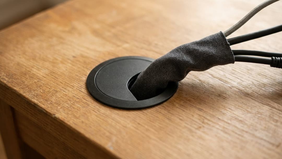 A round black cable grommet set into a wooden desktop, with a black fabric cable sleeve holding several cables passing down through it and gathered to one point.
