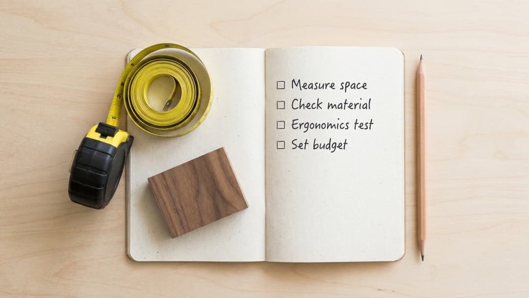 Overhead flat-lay on a pale wood surface: an open notebook with a handwritten list reading measure space, check material, ergonomics test and set budget, beside a coiled yellow tape measure, a small walnut wood block and a pencil.
