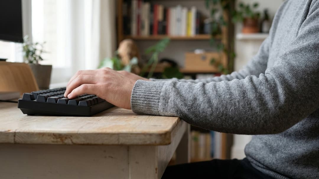 A seated person in a grey knit sweater rests a forearm on the edge of a pale wooden desk with the elbow bent at a right angle, one hand on a black mechanical keyboard, a blurred bookshelf and plants behind.
