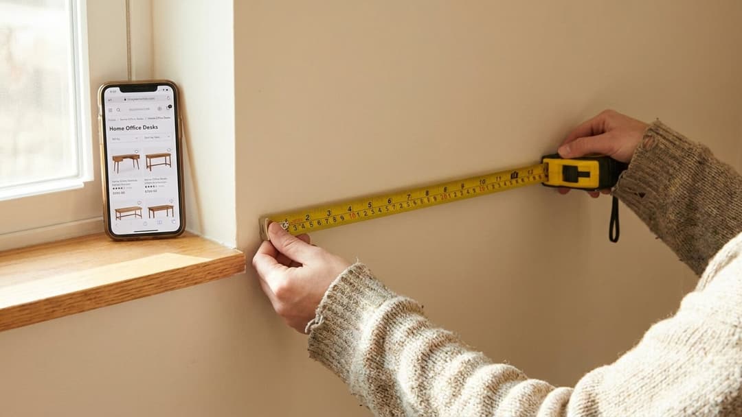 A person's hand holds a yellow steel tape measure stretched flat against a plain beige wall, while a smartphone propped on a light wooden windowsill shows an online furniture shopping page of desks.