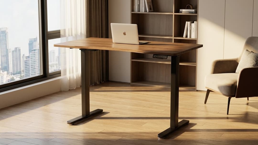 A walnut dual-motor standing desk raised to standing height in a home corner