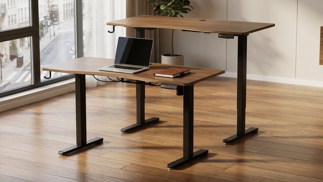 A clear walnut desk surface with a laptop, notebook, and tidy cables