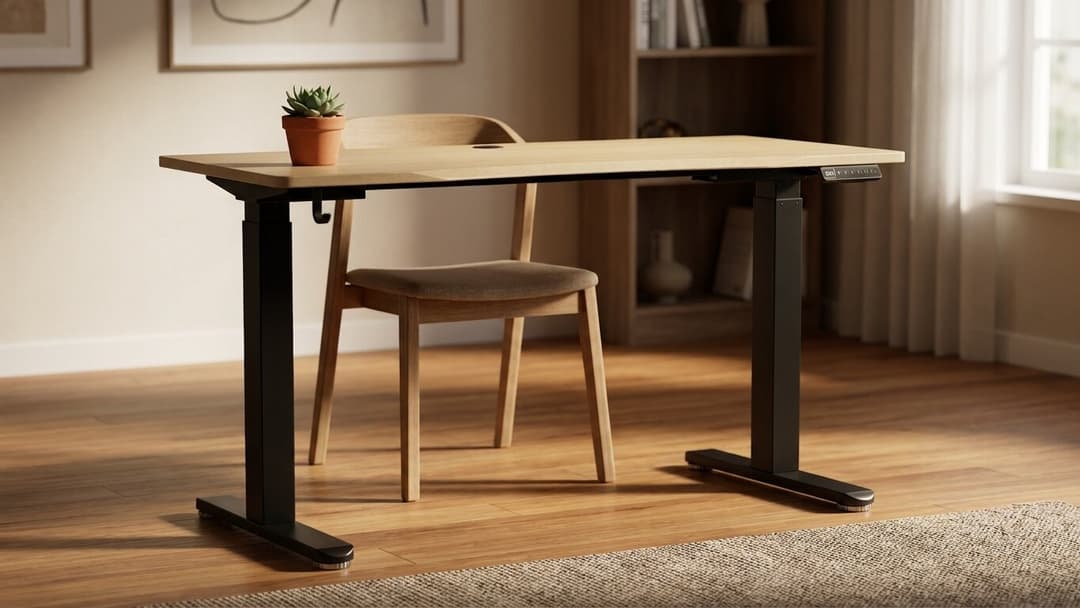 A walnut desk lowered to sitting height with a chair and a small plant added over time