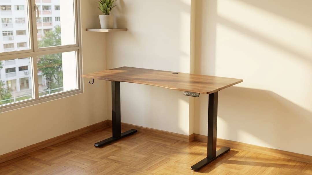 A calm first home workspace with a walnut standing desk set beside a sunlit window