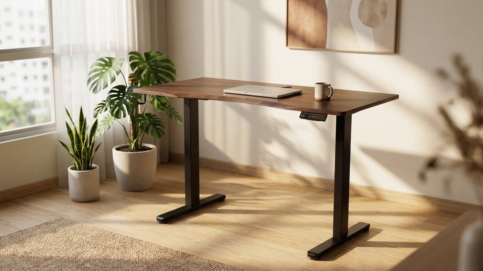 The same table beside a window with potted plants, a laptop and a mug on the walnut top