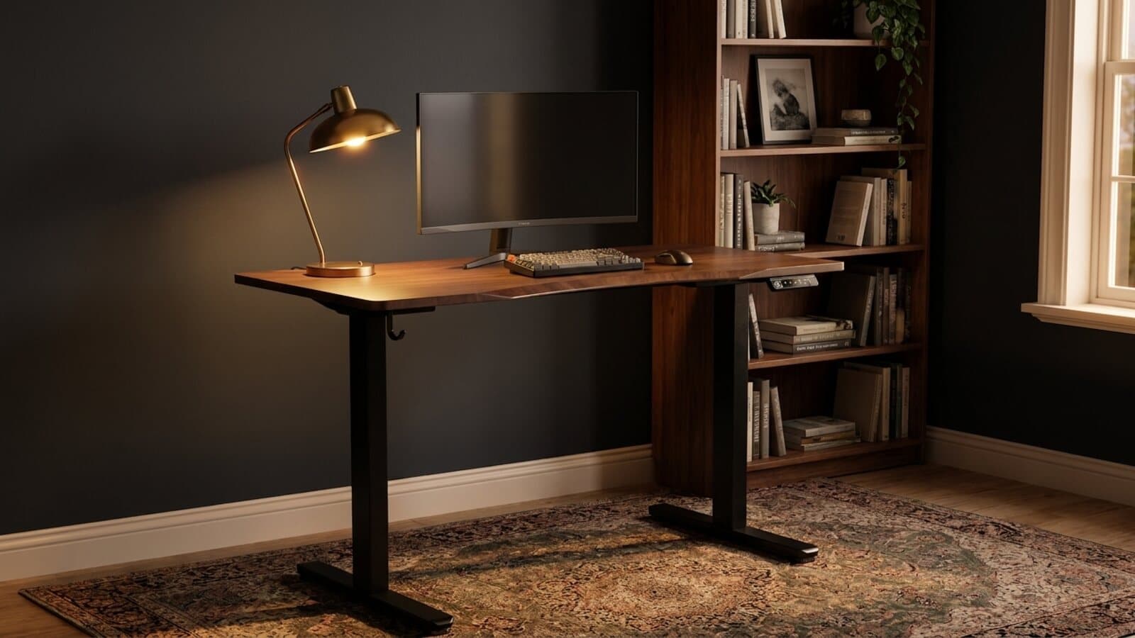 The table against a dark wall with a monitor, a keyboard and a brass lamp, beside a filled bookshelf