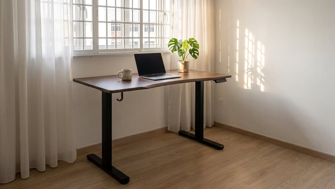 The Vival Desk in a Singapore home study corner, shown to scale with a laptop, a mug and a small plant