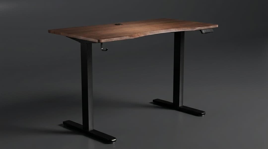 The Vival Desk, three-quarter view, walnut finish on a black dual-motor frame