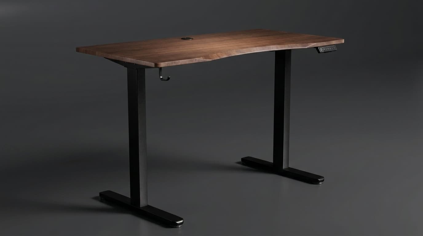 The Vival Desk, three-quarter view, showing the contoured walnut top