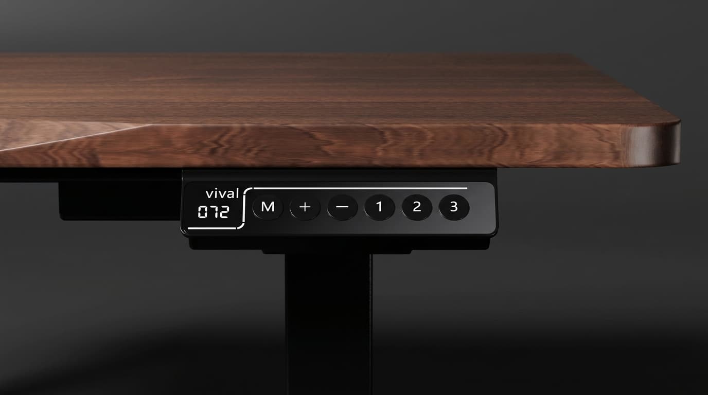 Close-up of the controller under the table edge, its display reading 072 beside the M, plus, minus and three preset buttons