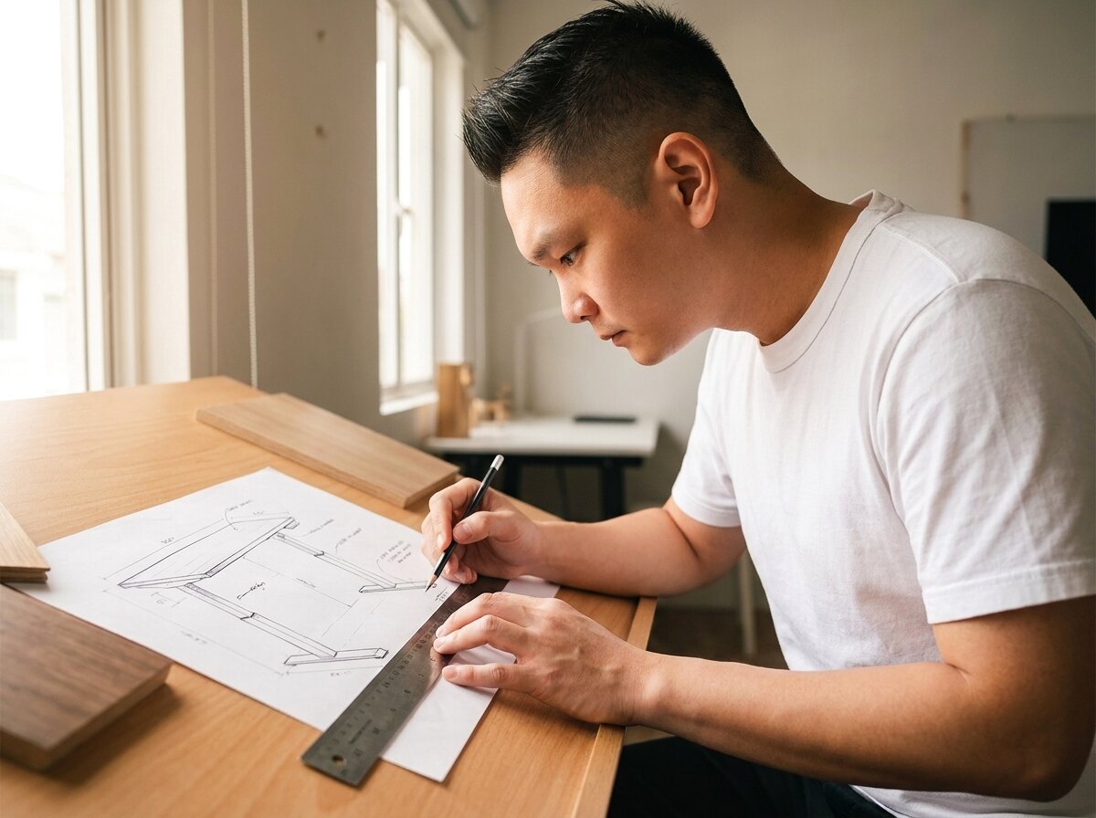 Esmond Liu designing the first Vival Desk at a drawing board