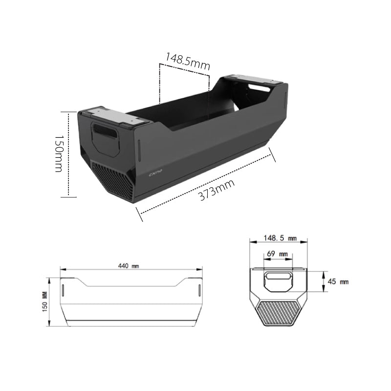 Dimension diagram of the CXNO under-desk cable management box showing 440 mm length, 150 mm height and 148.5 mm internal width