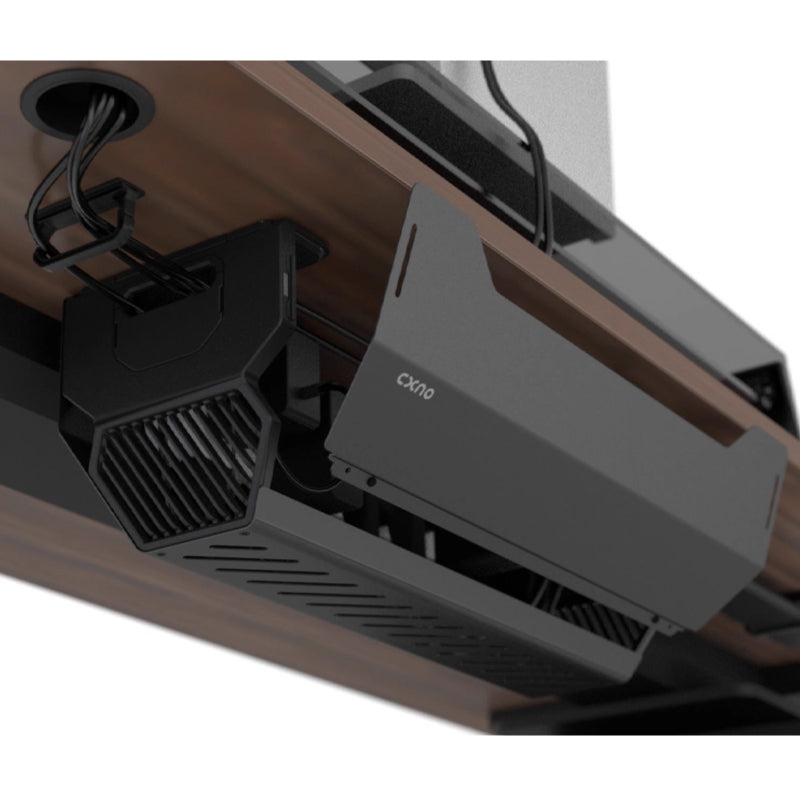 CXNO under-desk cable management box with closed cover neatly hiding cables beneath a wooden desk