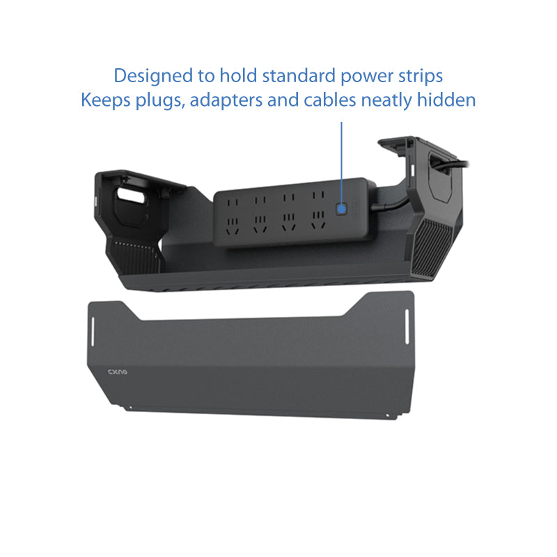Under-desk cable management box showing how it holds a standard power strip and keeps plugs, adapters and cables neatly hidden