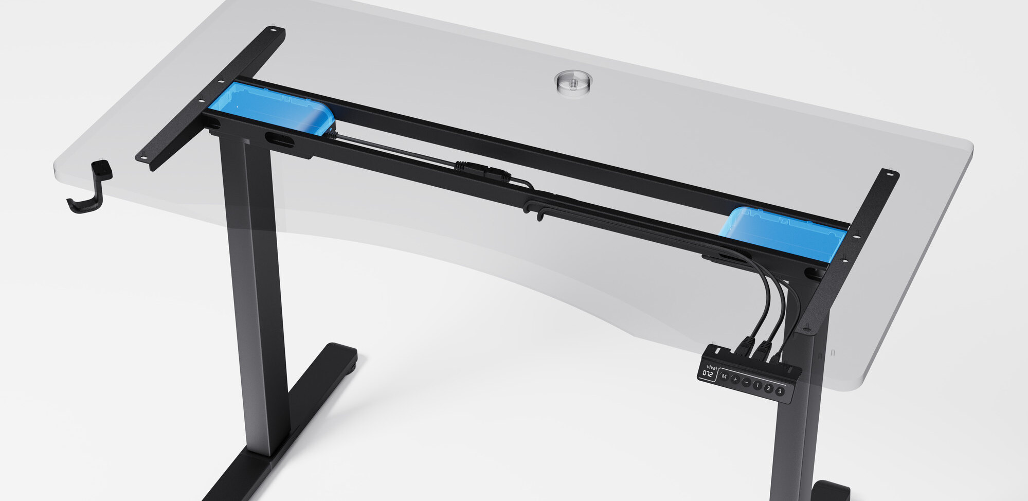 Dual-motor electric standing desk frame, showing the two motors