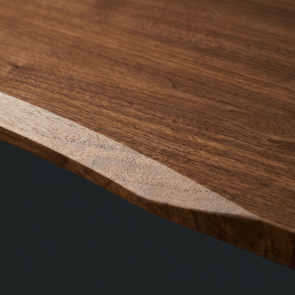 Detail of the matte walnut-finish surface of the Vival Desk
