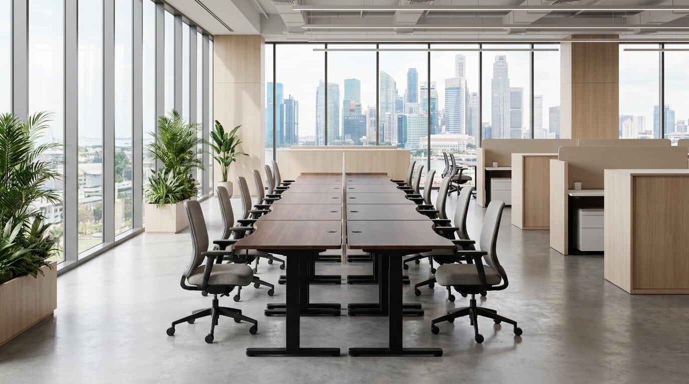 Several identical Vival Desks arranged back-to-back as hot-desks in a large open-plan Singapore office, with task chairs and a city skyline through floor-to-ceiling windows