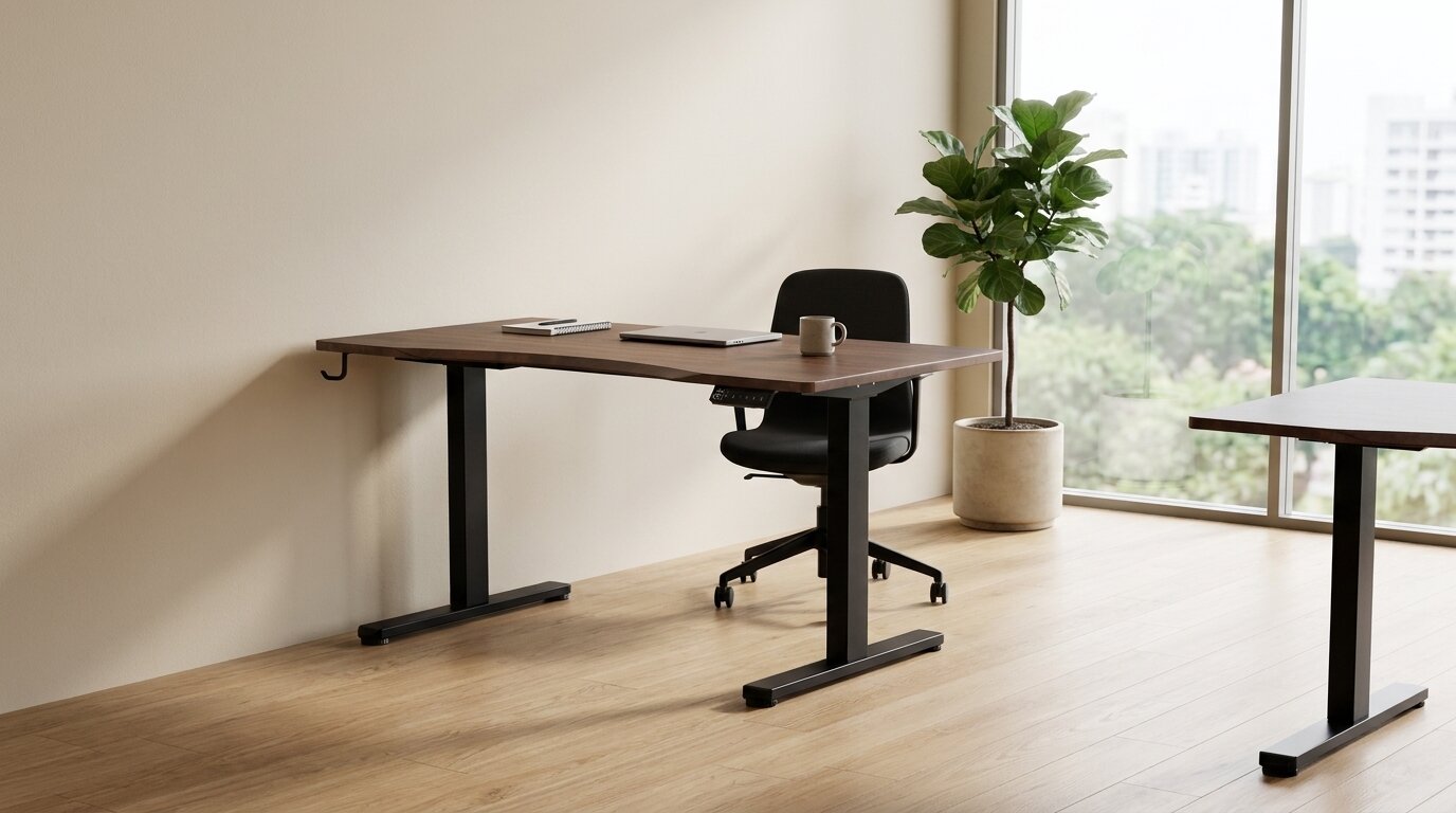 The Vival Desk in a bright, modern small office in Singapore, with an ergonomic task chair, a laptop on the walnut-finish top and a plant by a floor-to-ceiling window