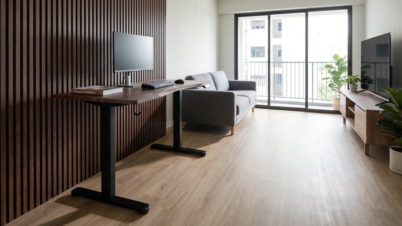 A 120×60 desk in an open-plan HDB living room