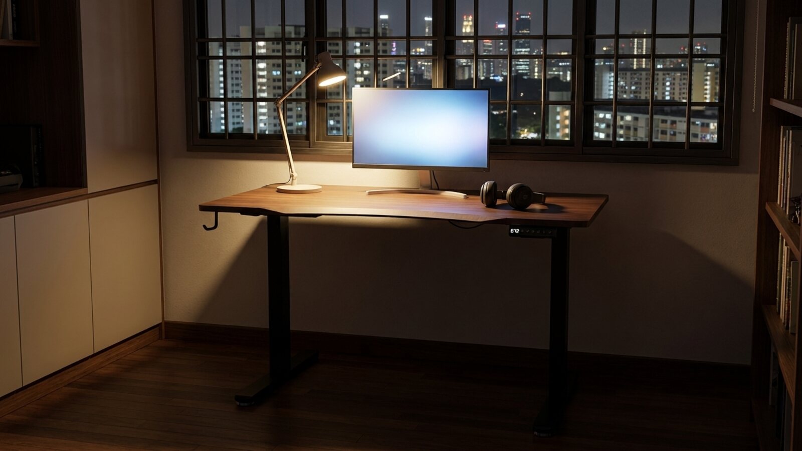 A standing desk in a home study in the evening