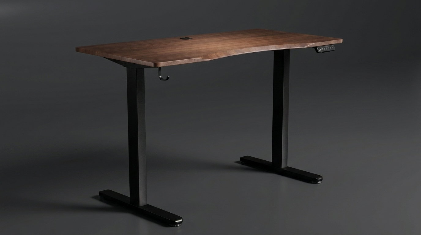 The Vival Desk, three-quarter view, walnut finish on a black dual-motor frame